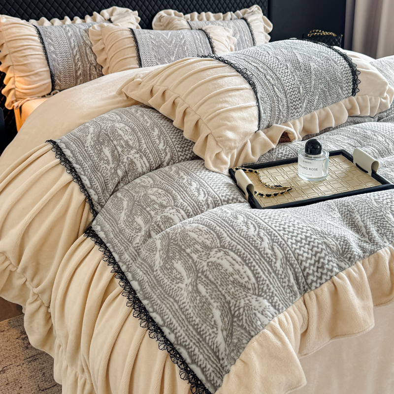 2025新款立体雕花牛奶绒荷叶边四件套