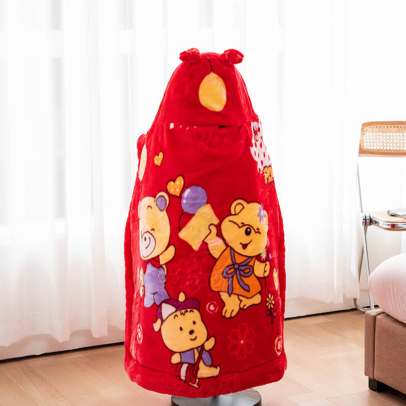 2024热款拉舍尔带帽婴儿童披风斗篷抱被睡袋 100*105cm 带帽小熊家族大红