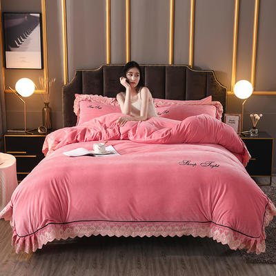 2020新款高克重水晶绒刺绣花边款四件套 2.0m（6.6英尺）床 粉红