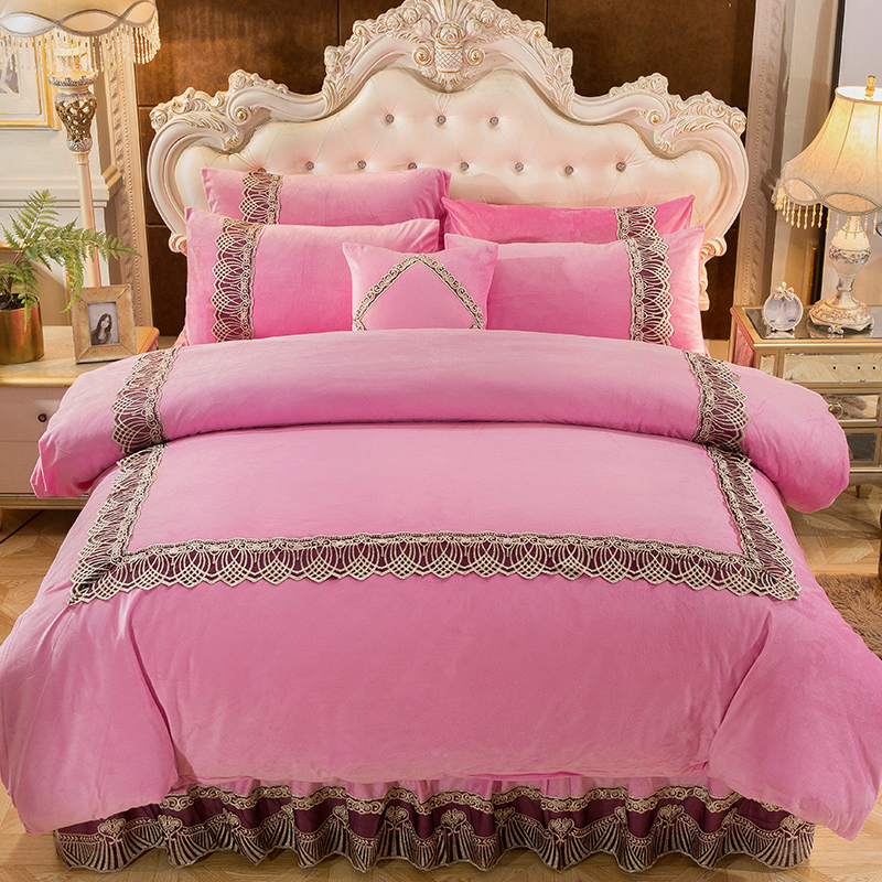 2019新品艾薇儿系列水晶绒夹棉床裙四件套 1.5m（5英尺）床 艾薇儿-粉色