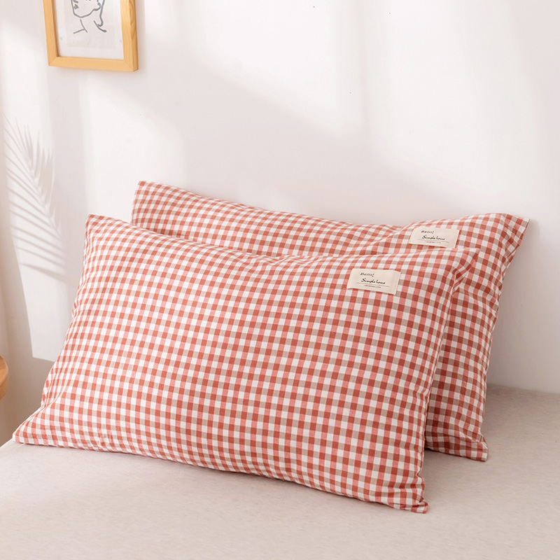2021新款全棉水洗棉枕套+全棉枕头48*74cm（一个枕套+一个枕芯） 橘红小格