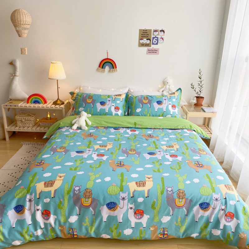 2020春夏新品-萌系卡通风系列四件套 床单款四件套1.5m（5英尺）床 可爱羊驼蓝