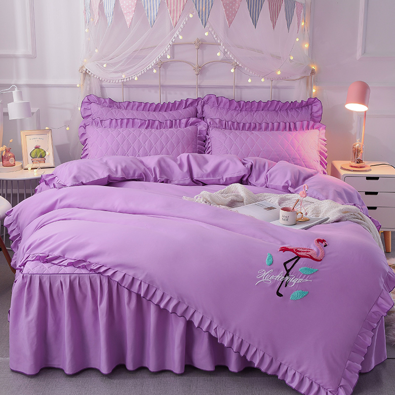 2019新款-夹棉毛巾绣床裙四件套-终版 1.5m（5英尺）床 丛林烈鸟-紫色