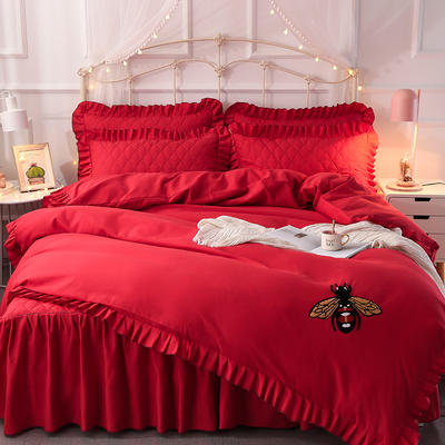 2019新款-夹棉毛巾绣床裙四件套-终版 1.8m（6英尺）床 小蜜蜂-大红
