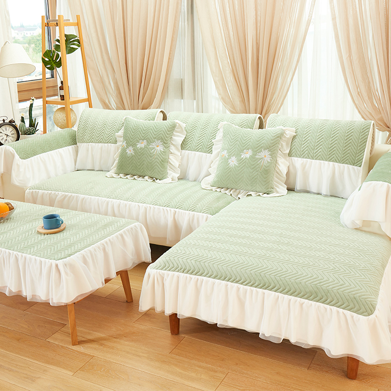 2019新款毛绒沙发垫-小雏菊（蕾丝款） 50*90花边扶手 简约款-薄荷绿