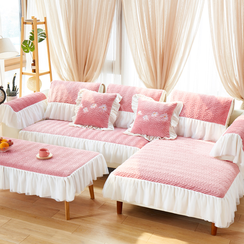 2019新款毛绒沙发垫-小雏菊（蕾丝款） 50*90花边扶手 简约款-胭脂粉