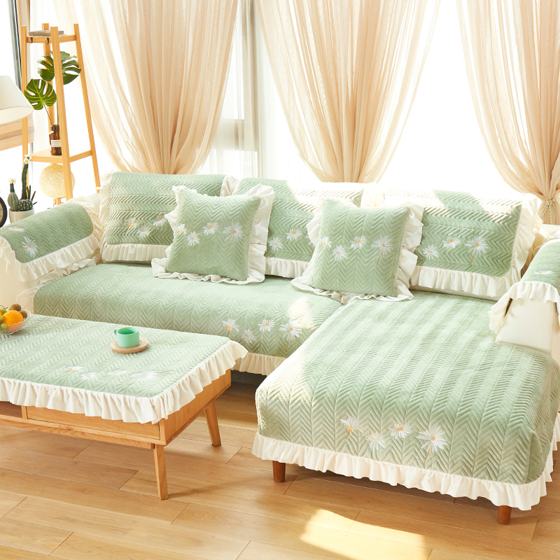 2019新款毛绒沙发垫-小雏菊（蕾丝款） 50*90花边扶手 小雏菊款-薄荷绿