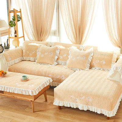2019新款毛绒沙发垫-小雏菊（蕾丝款） 50*90花边扶手 小雏菊款-奶油杏