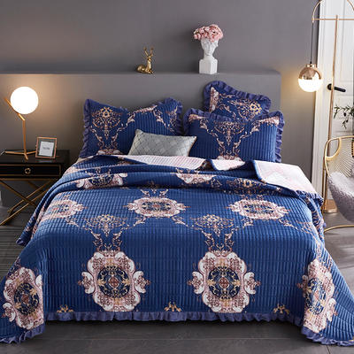 2020新款水晶绒珊瑚绒牛奶绒床盖床罩夹棉加厚床单双面两用两三件套 单床盖90*200cm 欧式浪漫-蓝