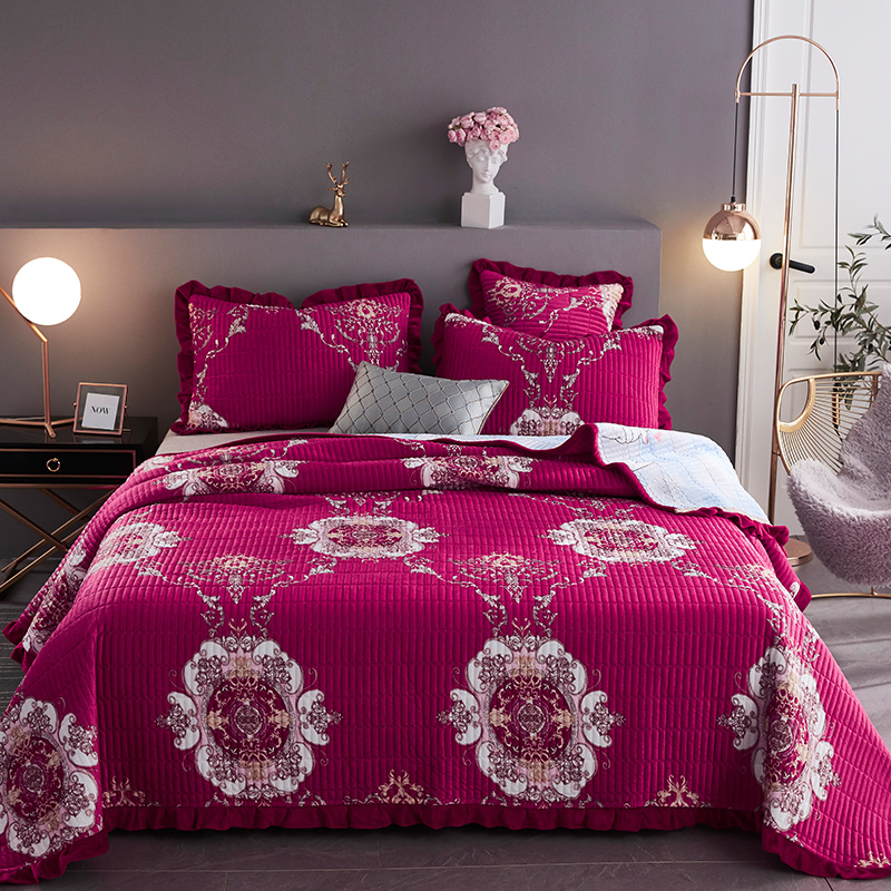 2020新款水晶绒珊瑚绒牛奶绒床盖床罩夹棉加厚床单双面两用两三件套 单床盖90*200cm 欧式浪漫-玫红
