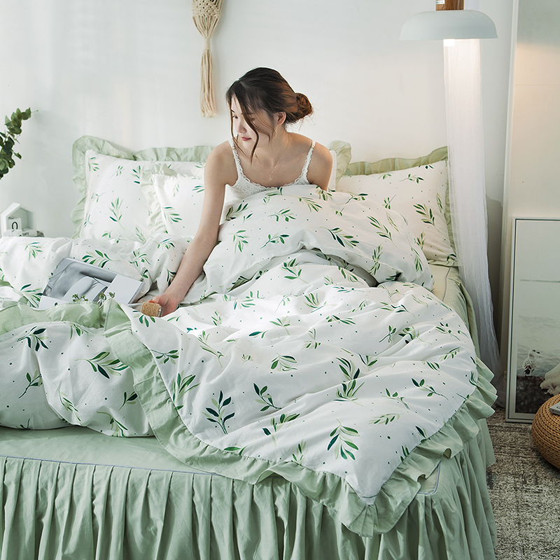 2021新款-全棉床裙款四件套 床裙150*200被套200*230 抹绿