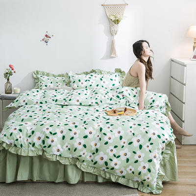 2021新款-全棉床裙款四件套 床裙150*200被套200*230 清新绿叶绿