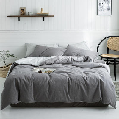 2019新款-北欧全棉色织水洗棉拼色四件套 三件套1.2m（4英尺）床 浅灰细白条