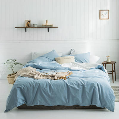 2019新款-北欧全棉色织水洗棉拼色四件套 三件套1.2m（4英尺）床 浅蓝细白条