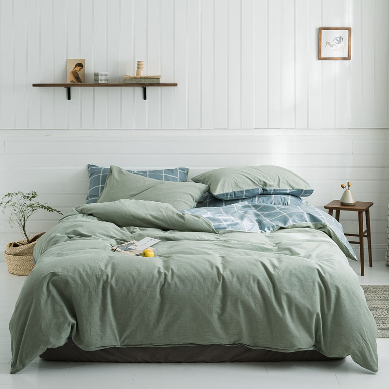 2019新款-北欧全棉色织水洗棉拼色四件套 三件套1.2m（4英尺）床 浅绿大格