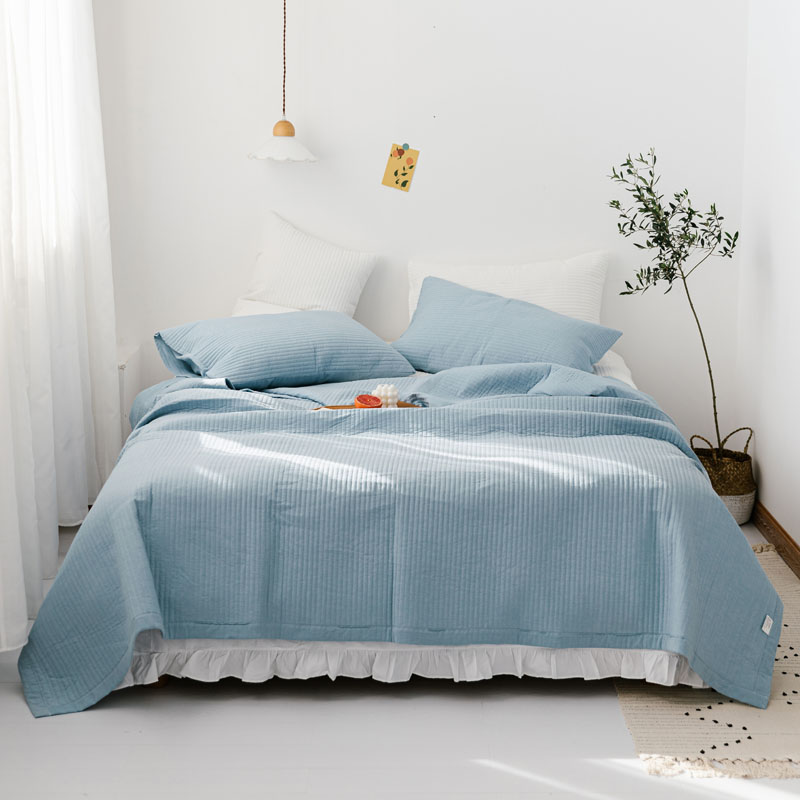 2020新款色织水洗棉夹棉床盖 单床盖160cmx210cm 浅蓝色