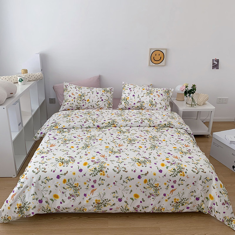 韩国设计师花型全棉可爱卡通四件套花卉田园风被套纯色床单13372ins风格四件套 1.5m床单款四件套 花舞