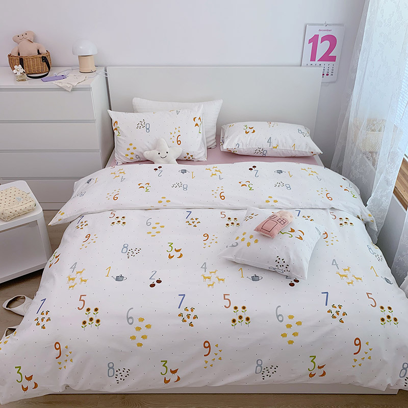韩国设计师花型全棉可爱卡通四件套花卉田园风被套纯色床单13372ins风格四件套 1.5m床单款四件套 童趣