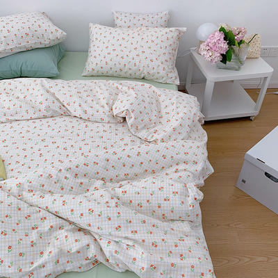 韩国设计师花型全棉可爱卡通四件套花卉田园风被套纯色床单13372ins风格—单被套 200*230cm单被套 篱落粉