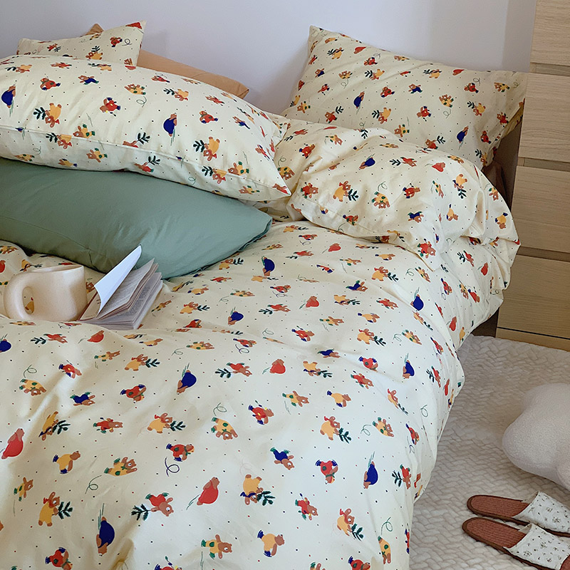 韩国设计师花型全棉可爱卡通四件套花卉田园风被套纯色床单13372ins风格—单被套 200*230cm单被套 雪地熊