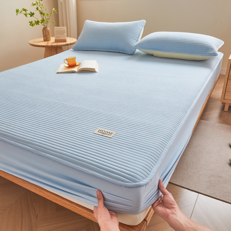 2024新款a类母婴级防水床笠纯色床单床垫保护套 90x200cm+30cm两件套 直线-天蓝