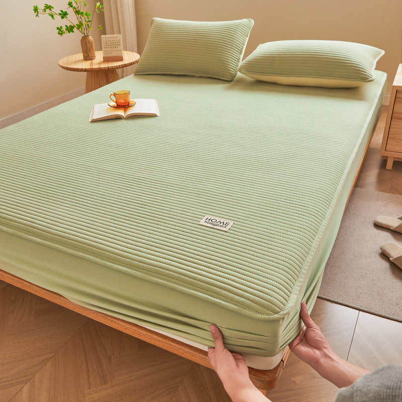 2024新款a类母婴级防水床笠纯色床单床垫保护套 90x200cm+30cm两件套 直线-豆绿
