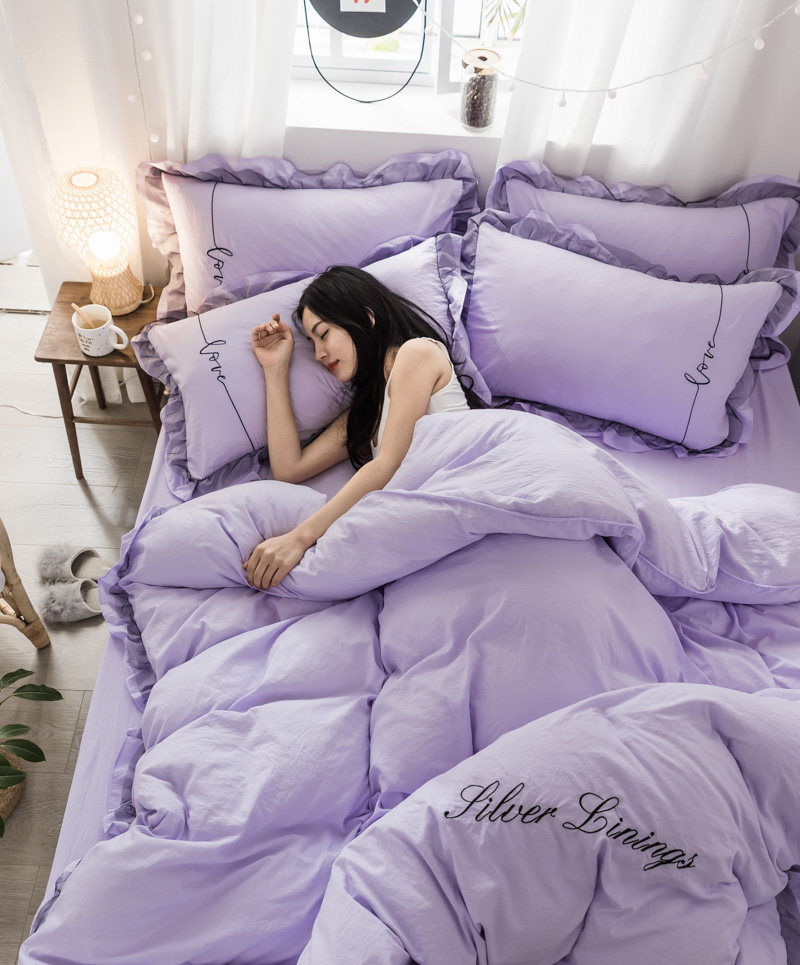 水洗棉蕾丝刺绣四件套 1.5m（5英尺）床 裸紫