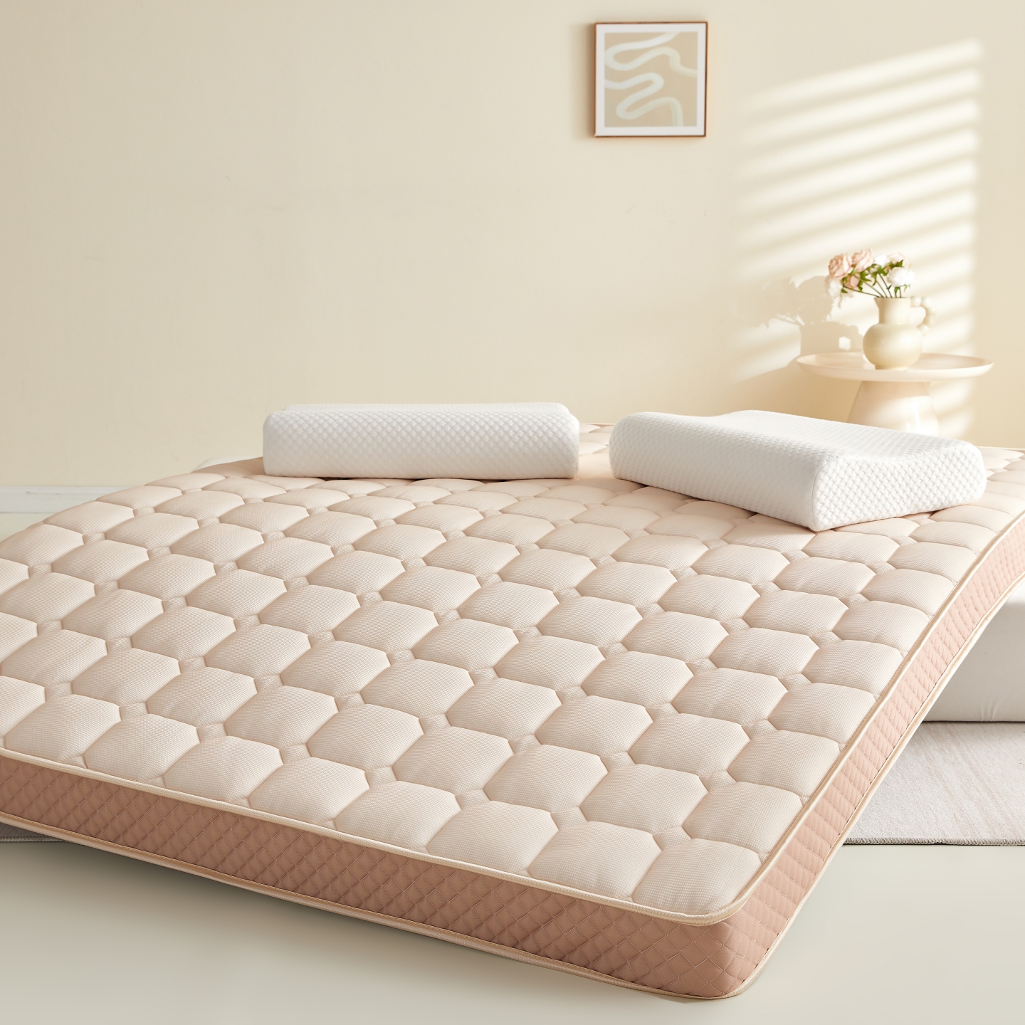 2025新款华夫格乳胶海绵床垫系列 格子-香槟色
