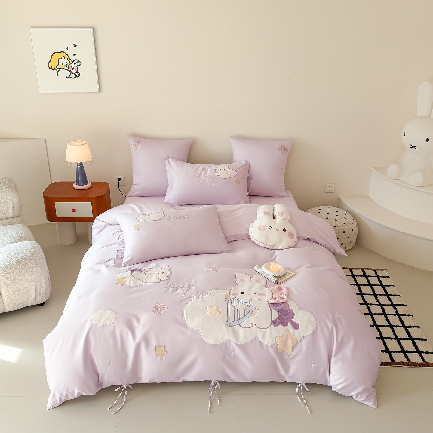 2026新款100支（50S双股）长绒棉贴布绣四件套-小兔天使 小兔天使-紫