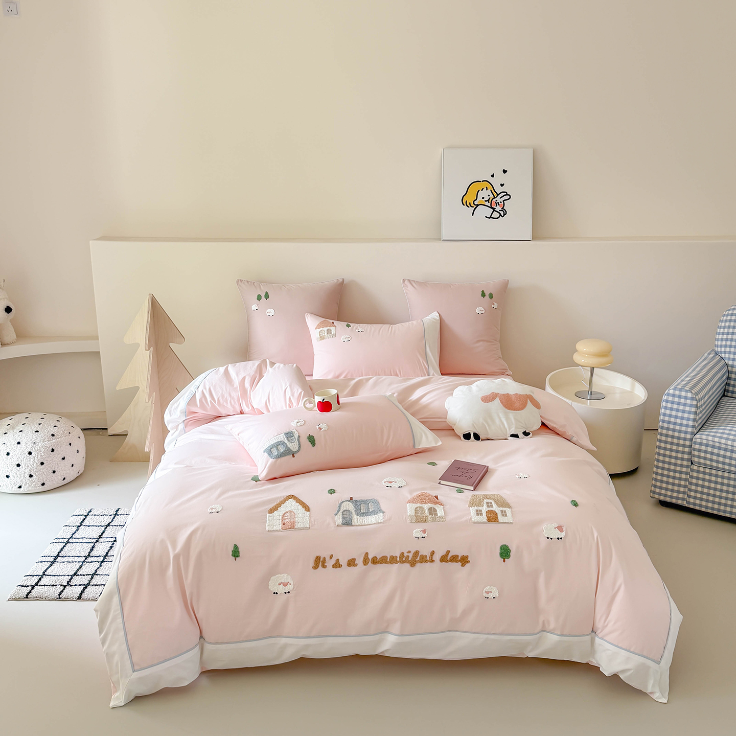 2025秋冬新品40S全棉水洗棉绣花四件套-小房子 可爱粉