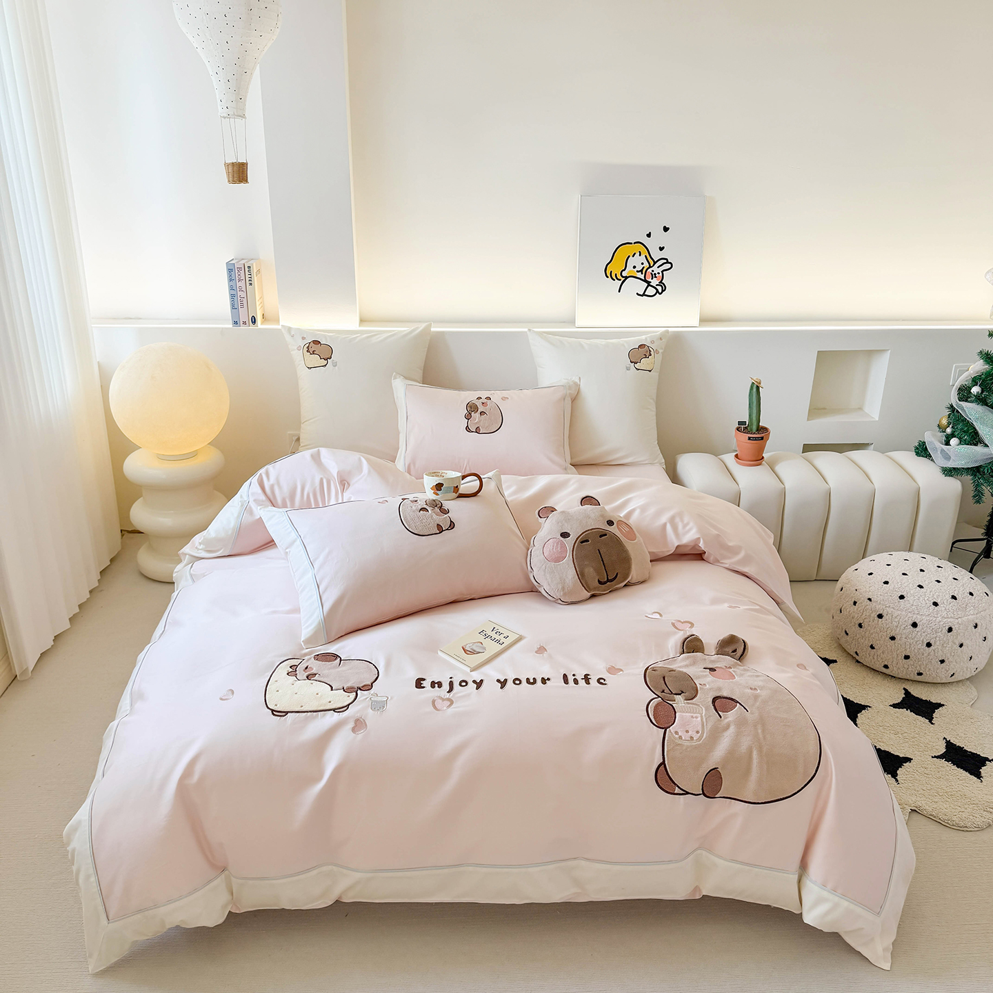 2025秋冬新品50S双股绣花四件套-卡皮巴拉 卡皮巴拉-粉