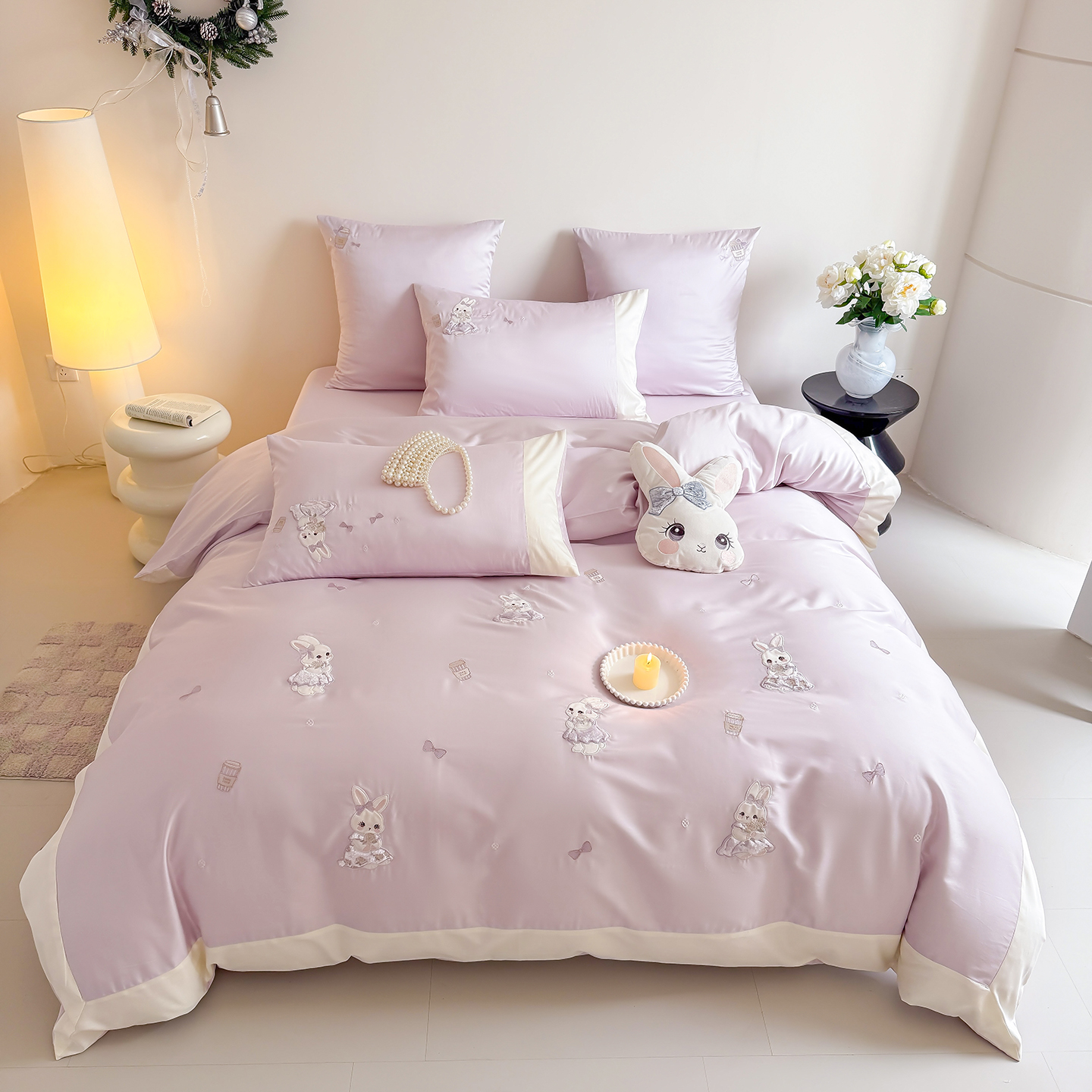 2026新款100支（50S双股）长绒棉贴布绣四件套-奶茶兔 奶茶兔-紫