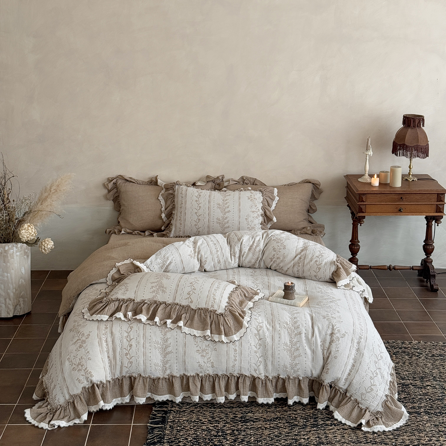 2025新品法式复古三层纱提花四件套-木槿 木槿-咖