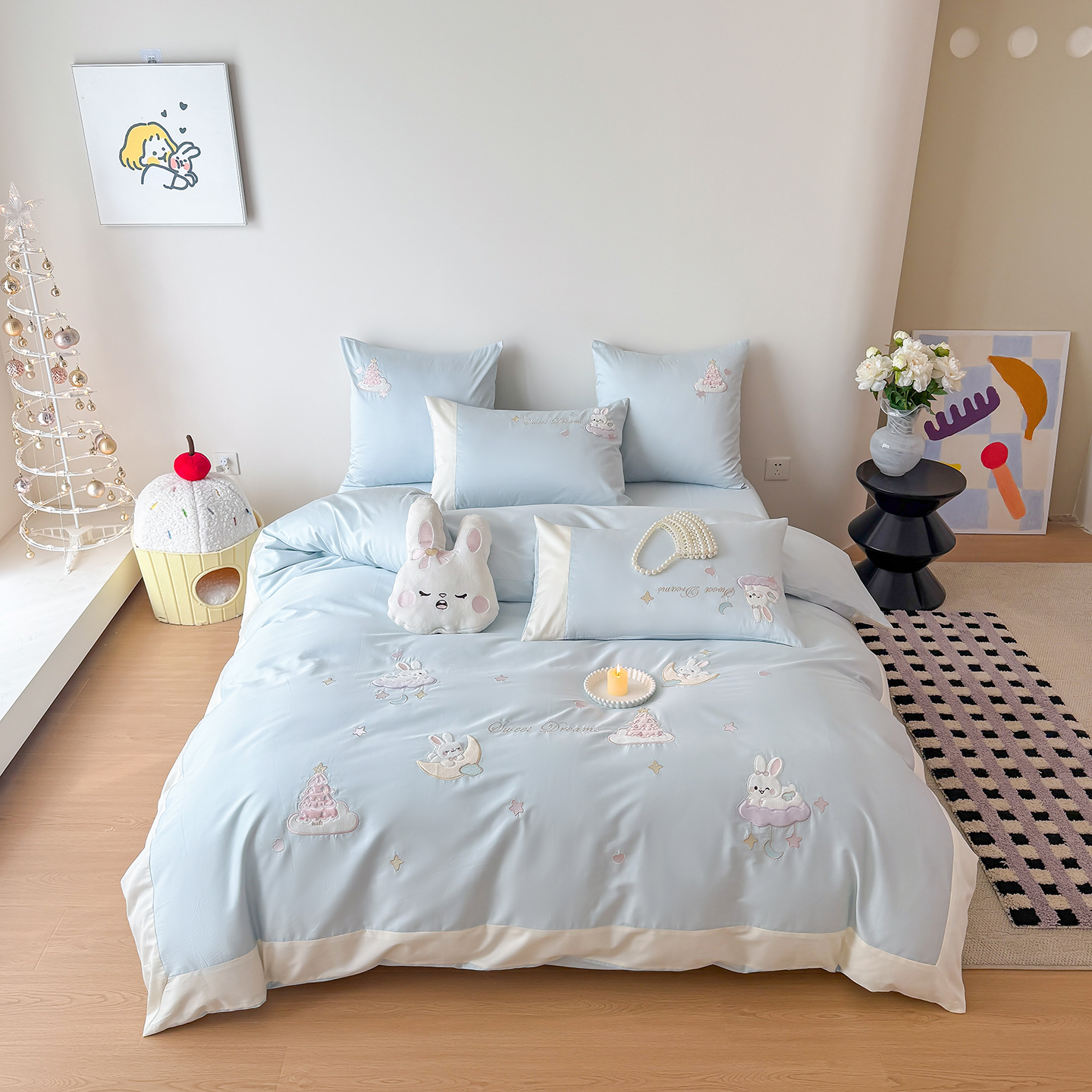 2026新款100支（50S双股）长绒棉贴布绣四件套-晚安兔 晚安兔-兰