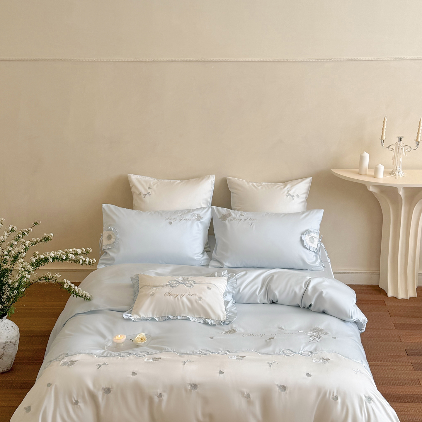 2026新品100支（50S双股）长绒棉绣花四件套-花漾 花漾-兰色