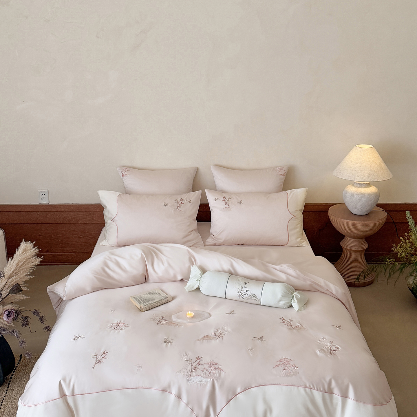 2026春夏新品100S（50S双股）长绒棉绣花四件套-青岚竹语 青岚竹语-樱花粉