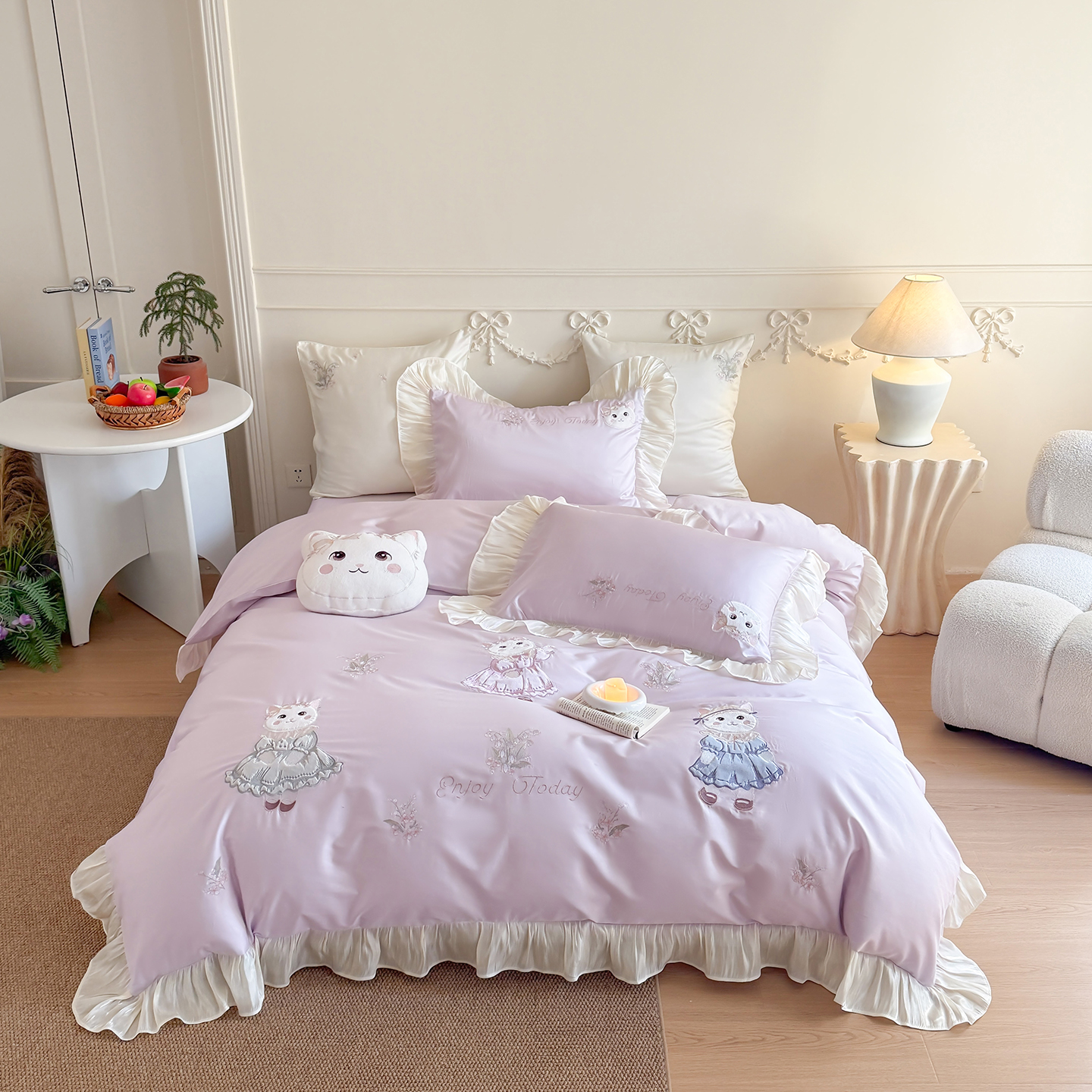 2026新品天丝棉绣花四件套-铃兰猫 铃兰猫-紫