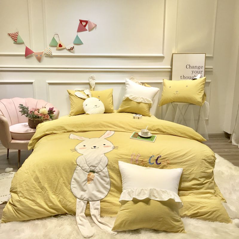 2020新款-色织水洗棉萌兔兔/萌小熊四件套 床单款三件套1.2m（4英尺）床 萌兔兔黄色