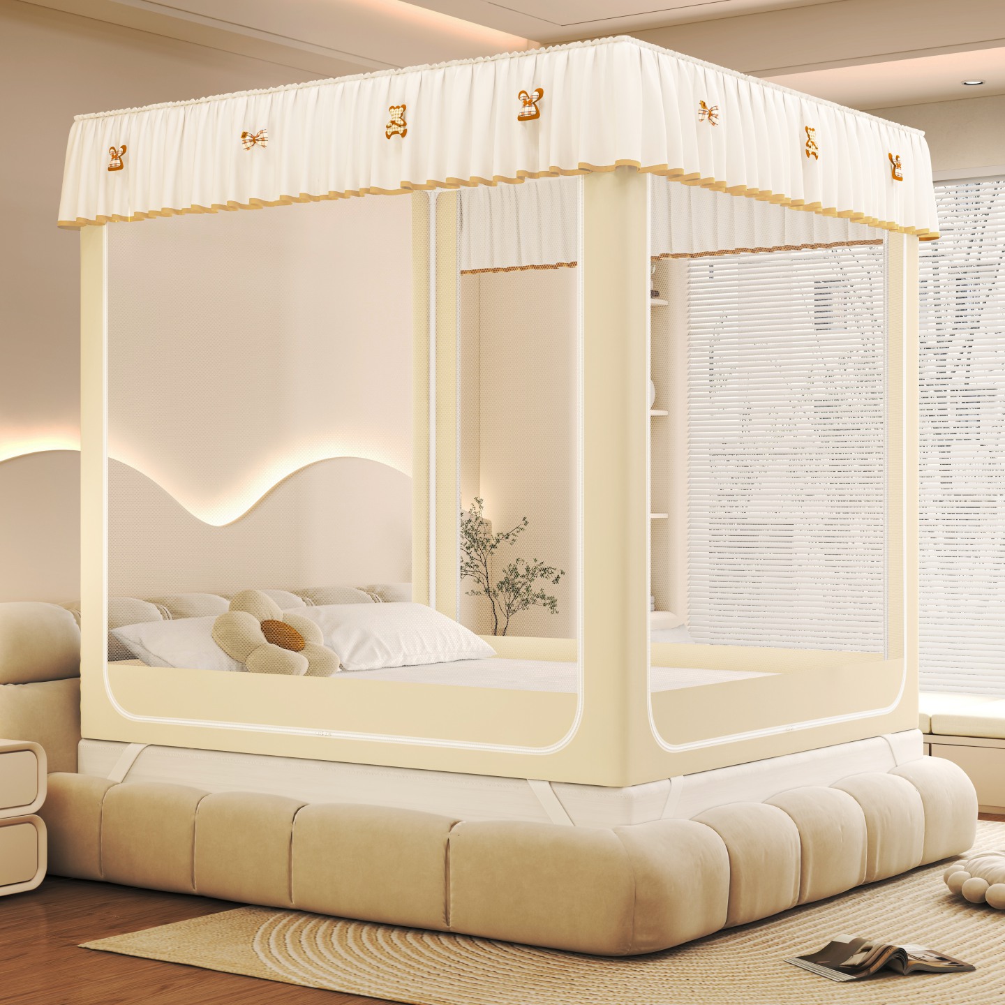 2025新款时尚ins拉链式防摔坐床床帘款蚊帐冬季保暖蚊帐-DIY夹棉遮光款 米黄