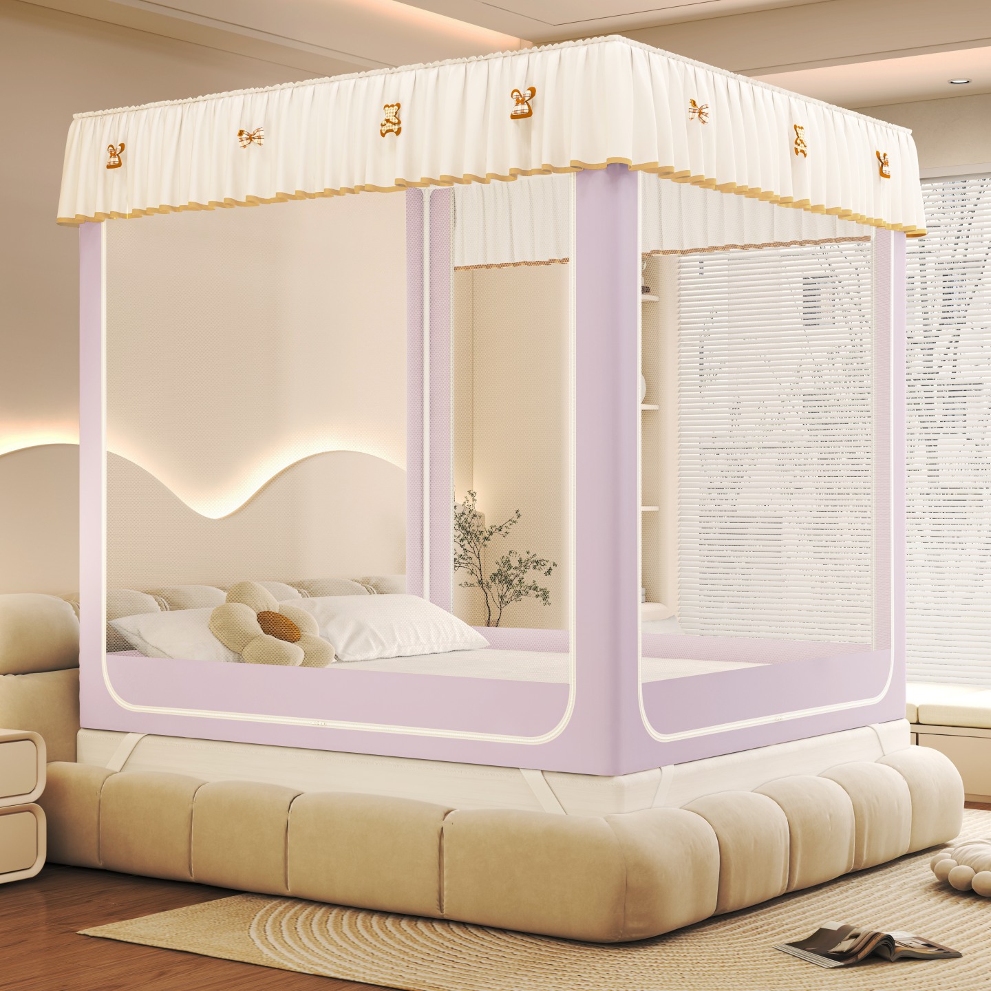 2025新款时尚ins拉链式防摔坐床床帘款蚊帐冬季保暖蚊帐-DIY夹棉遮光款 浅紫-防尘