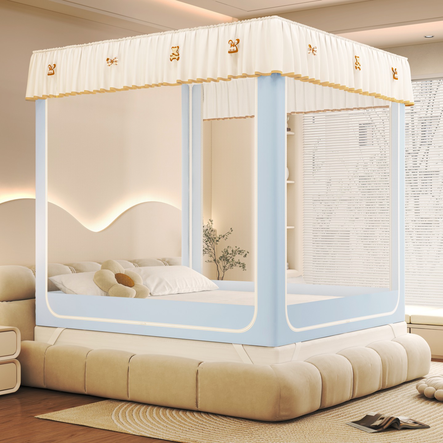 2025新款时尚ins拉链式防摔坐床床帘款蚊帐冬季保暖蚊帐-DIY夹棉遮光款 天蓝-防尘