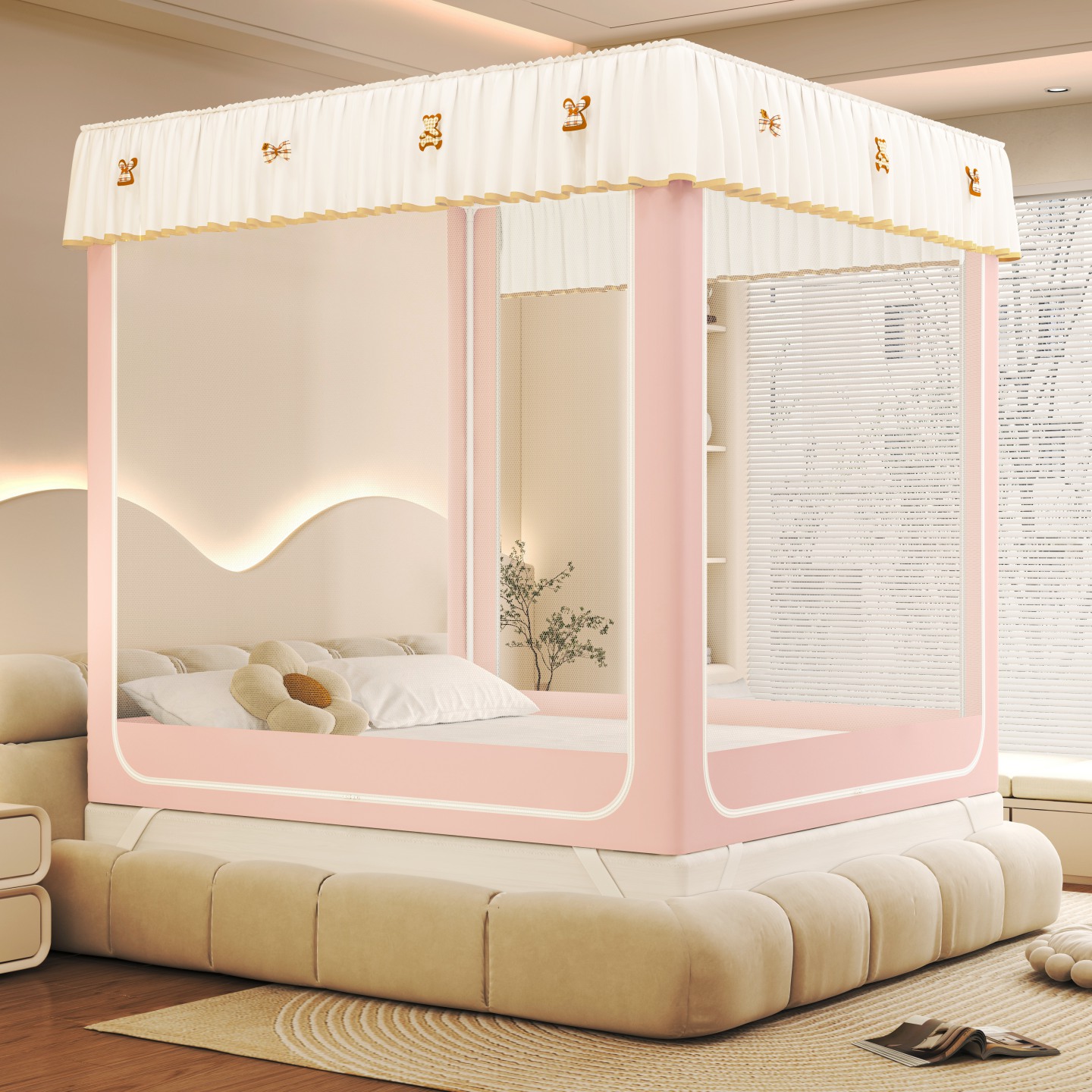 2025新款时尚ins拉链式防摔坐床床帘款蚊帐冬季保暖蚊帐-DIY夹棉遮光款 粉玉-防尘