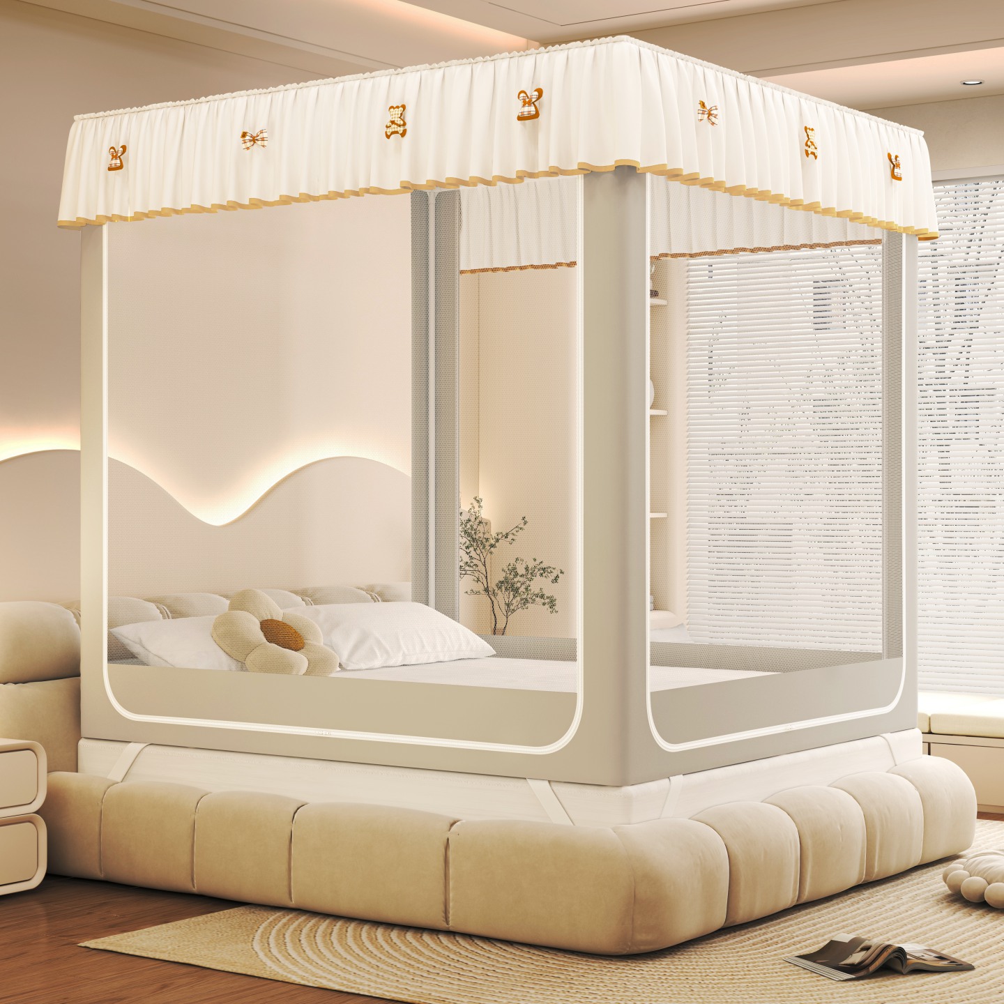 2025新款时尚ins拉链式防摔坐床床帘款蚊帐冬季保暖蚊帐-DIY夹棉遮光款 浅灰-防尘