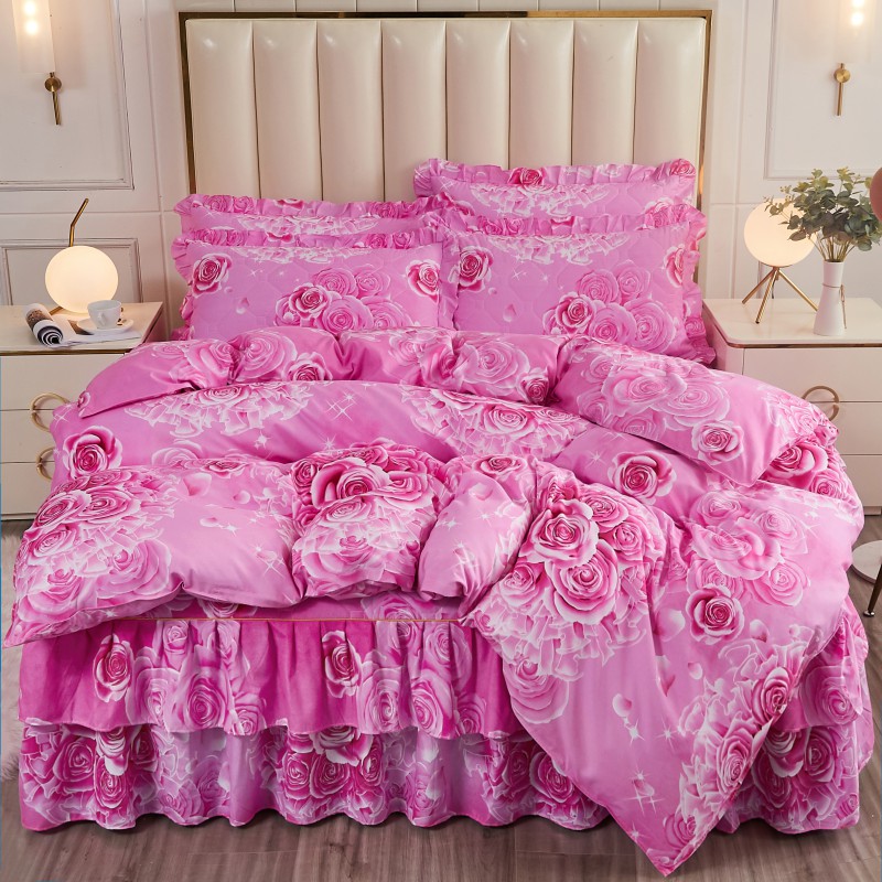 2021新款-夹棉床裙款四件套 1.5m床裙款四件套 玫瑰-粉