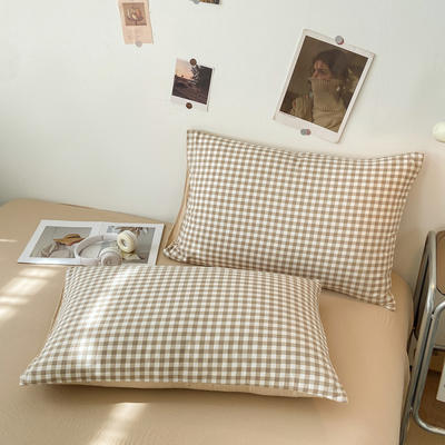 2024新款日式简约格子水洗棉单品枕套系列（风格一） 48*74cm枕套一对 布丁咖