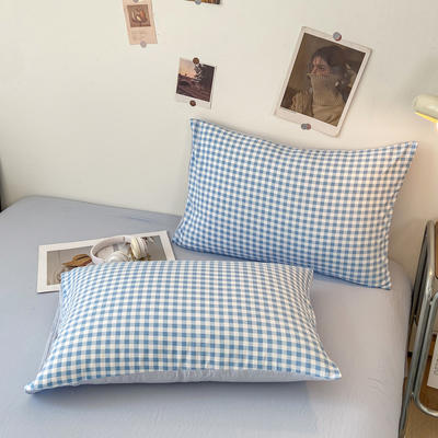2024新款日式简约格子水洗棉单品枕套系列（风格一） 48*74cm枕套一对 布丁蓝