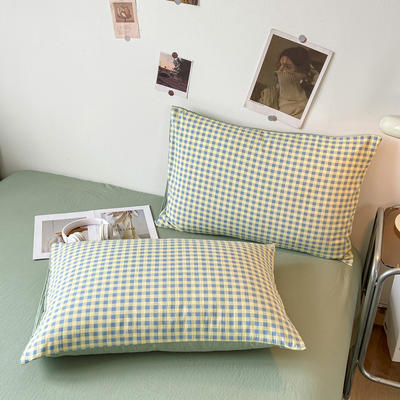 2024新款日式简约格子水洗棉单品枕套系列（风格一） 48*74cm枕套一对 布丁绿