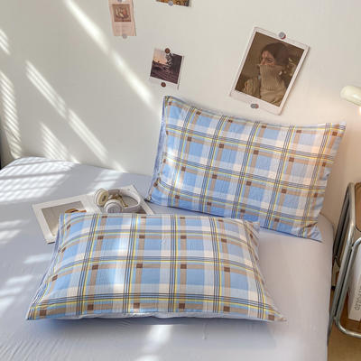 2024新款日式简约格子水洗棉单品枕套系列（风格一） 48*74cm枕套一对 莫尼蓝