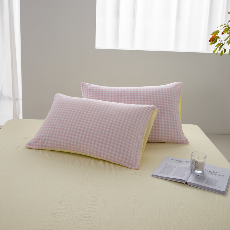 2024新款日式简约格子水洗棉四件套单品枕套系列（风格二） 48*74cm枕套一对 布丁粉