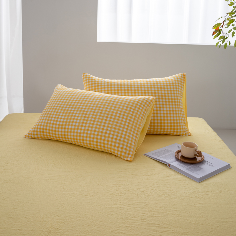 2024新款日式简约格子水洗棉四件套单品枕套系列（风格二） 48*74cm枕套一对 布丁黄